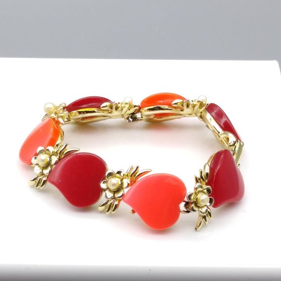 Bold Hearts and Pearls Link Bracelet, Thermoset Lucite in Red and Orange Fall - Picture 2 of 5
